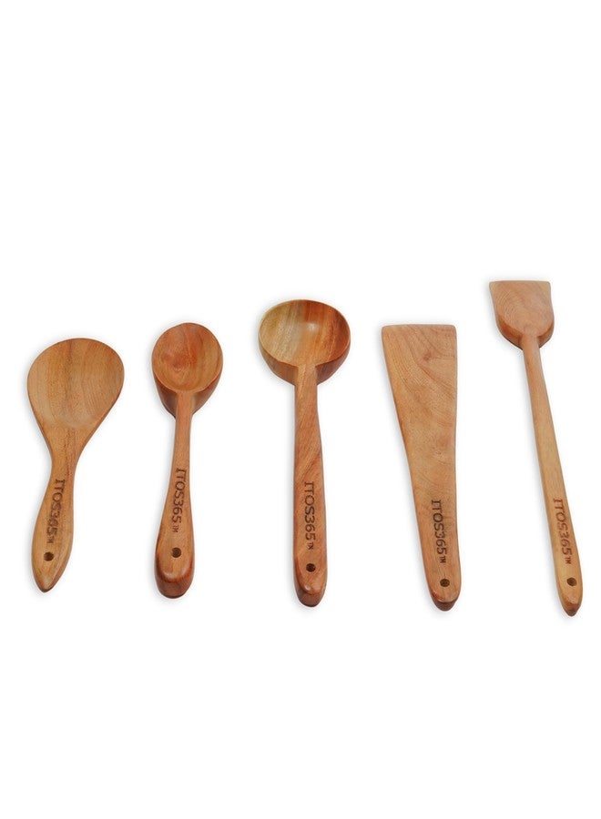 ITOS365™ Neem Wood Cooking Spoons Set of 5 | Natural Wooden Spatula & Turner for Non-Stick Cookware | Antibacterial, Eco-Friendly Kitchen Utensils for Frying, Stirring & Serving - Image 2